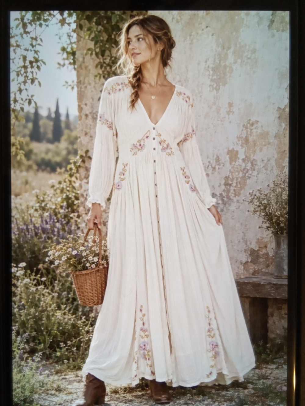 Free People Day Glow Embroidered Babydoll Dress Ivory Floral Boho Peasant